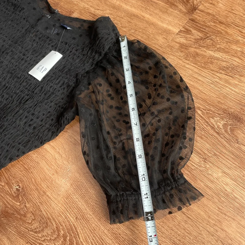 Gap Puff Sleeve Smocked‎ Mini Dress Size XS Black Mesh Swiss Dot Cocktail